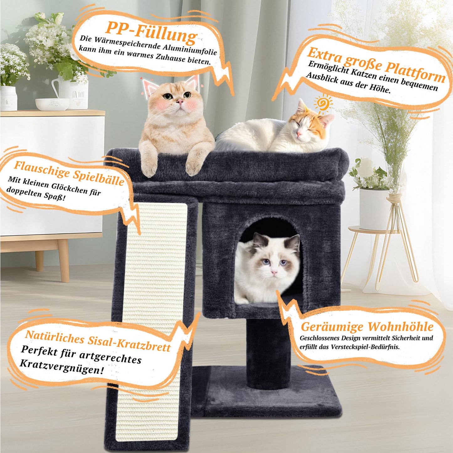Katzenbaum klein – Mit Kratzrampe, Plattformen & Plüschbällen