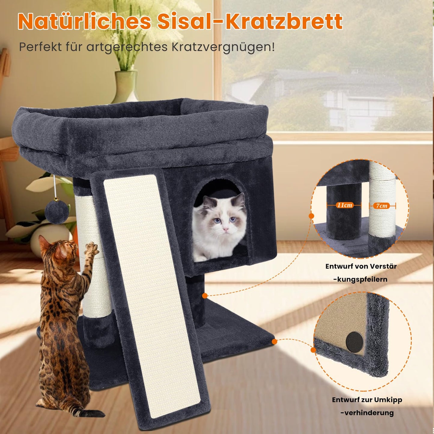 Katzenbaum klein – Mit Kratzrampe, Plattformen & Plüschbällen