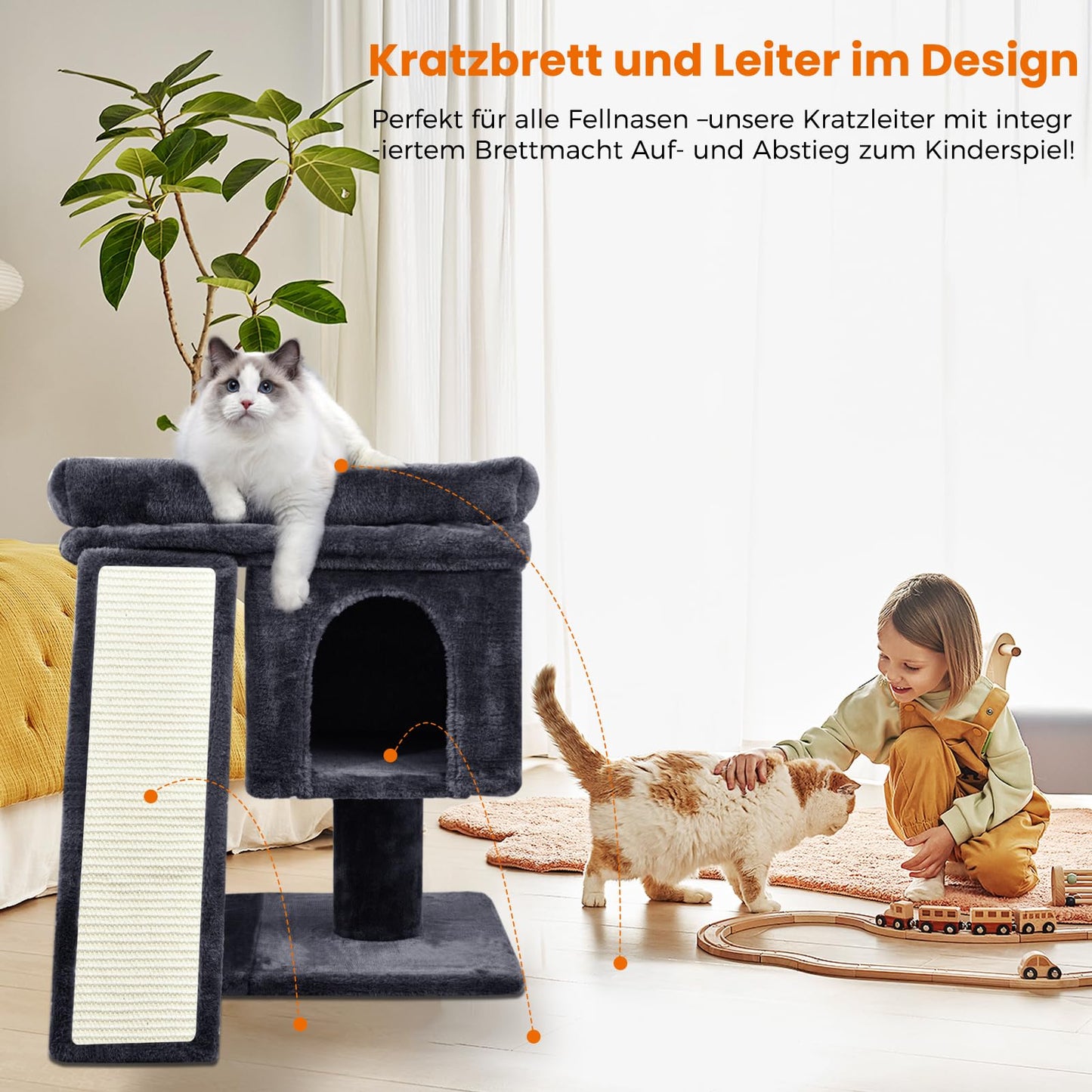 Katzenbaum klein – Mit Kratzrampe, Plattformen & Plüschbällen