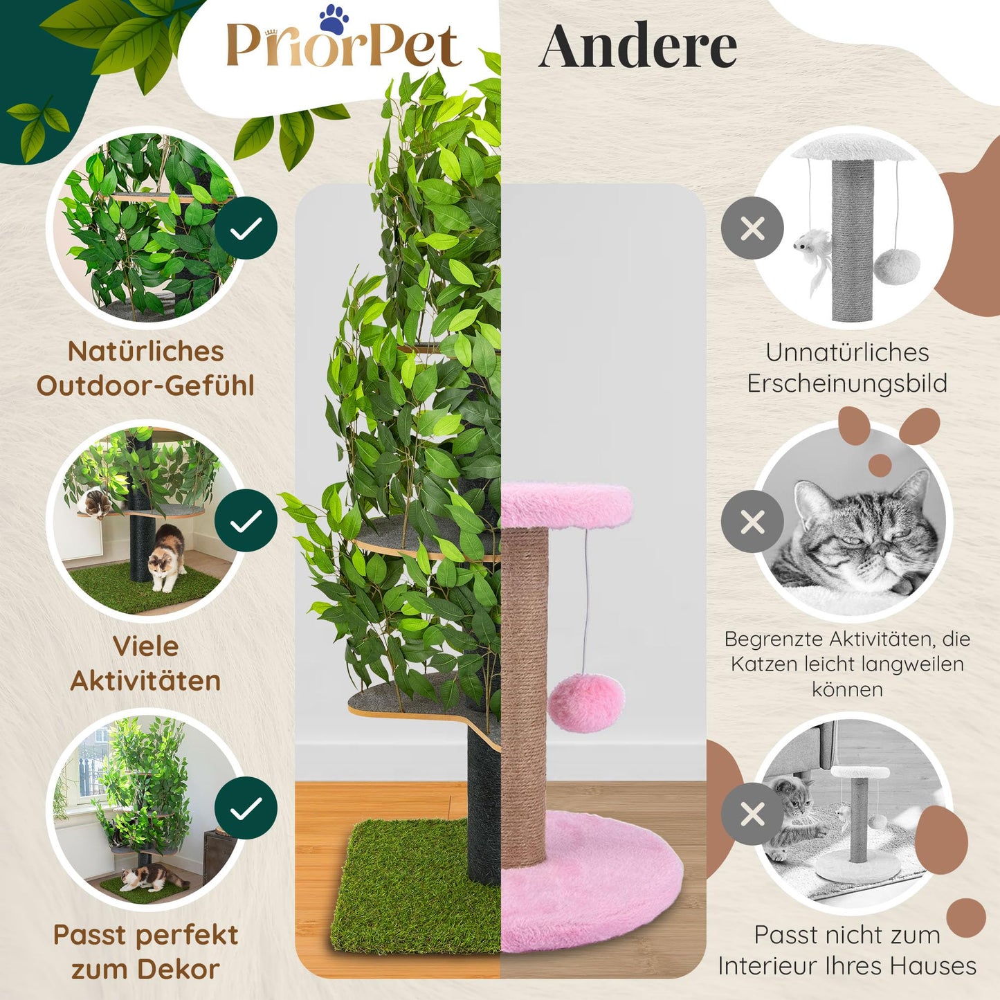 Kratzbaum Natur zum Klettern, Verstecken und Schlafen - groß mit austauschbaren Blättern - mehrstufig, einfach zu montieren - haustiersichere Materialien, langlebige und Patentierter robuste Cat Tree