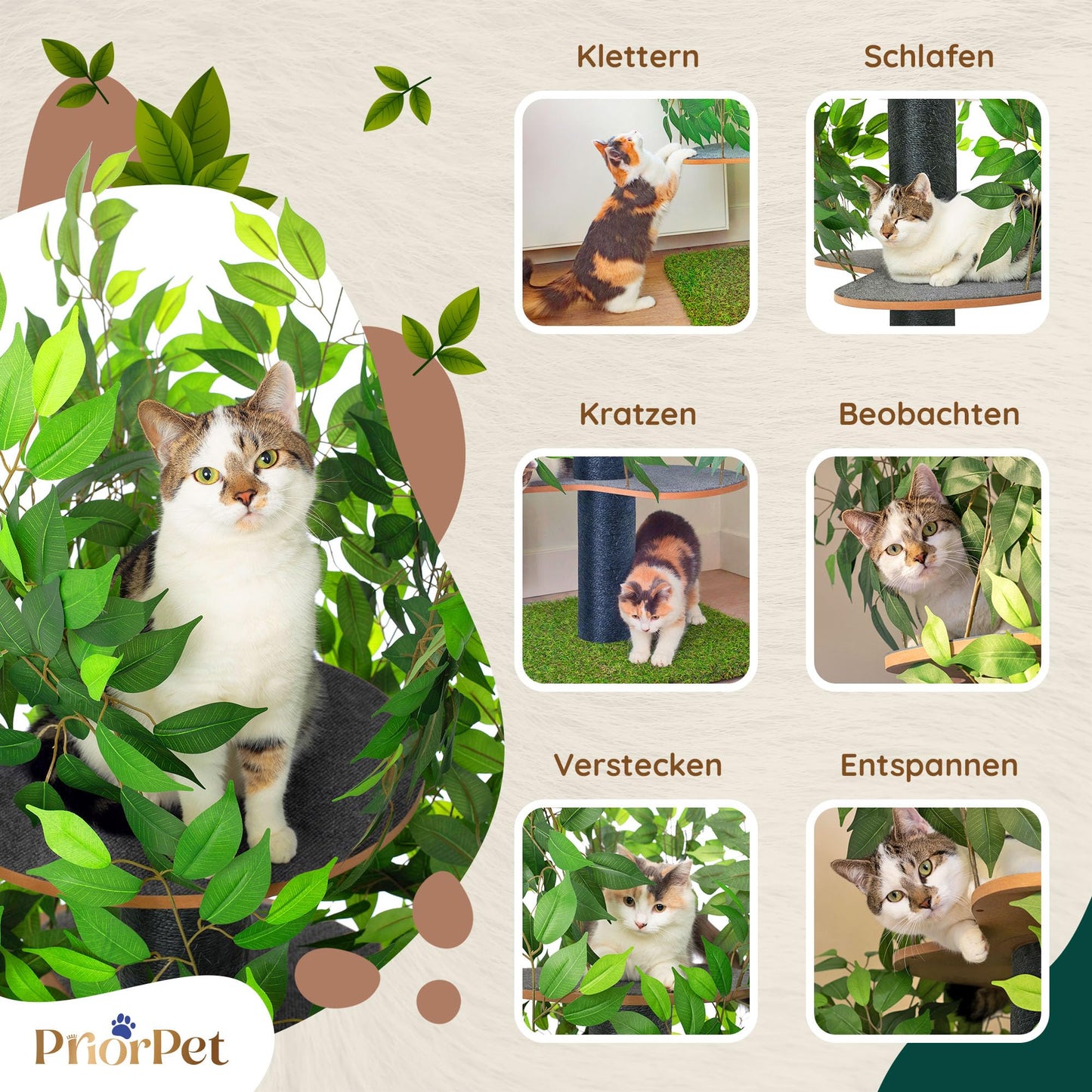 Kratzbaum Natur zum Klettern, Verstecken und Schlafen - groß mit austauschbaren Blättern - mehrstufig, einfach zu montieren - haustiersichere Materialien, langlebige und Patentierter robuste Cat Tree
