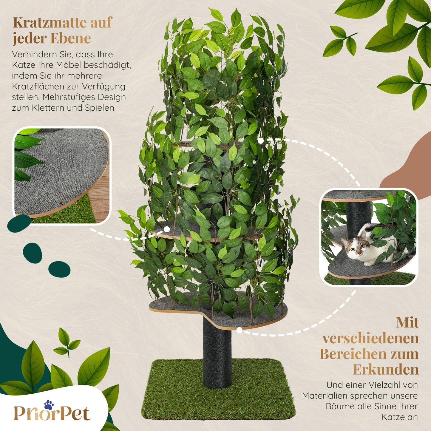 Kratzbaum Natur zum Klettern, Verstecken und Schlafen - groß mit austauschbaren Blättern - mehrstufig, einfach zu montieren - haustiersichere Materialien, langlebige und Patentierter robuste Cat Tree