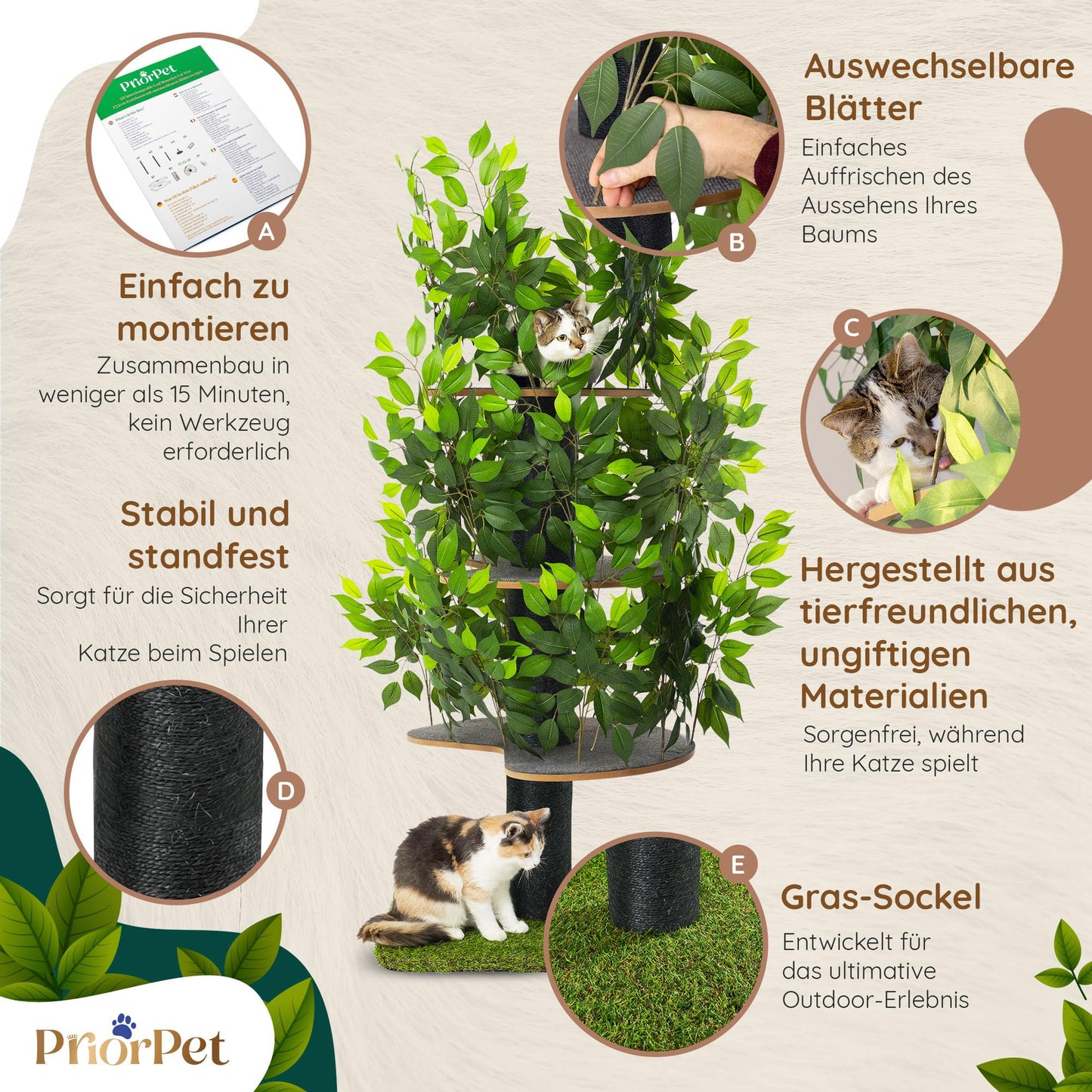 Kratzbaum Natur zum Klettern, Verstecken und Schlafen - groß mit austauschbaren Blättern - mehrstufig, einfach zu montieren - haustiersichere Materialien, langlebige und Patentierter robuste Cat Tree