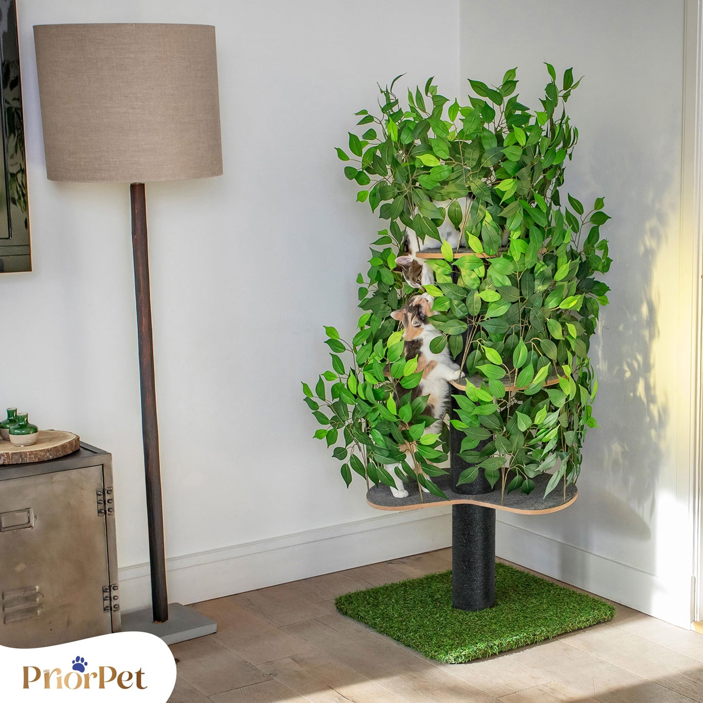 Kratzbaum Natur zum Klettern, Verstecken und Schlafen - groß mit austauschbaren Blättern - mehrstufig, einfach zu montieren - haustiersichere Materialien, langlebige und Patentierter robuste Cat Tree